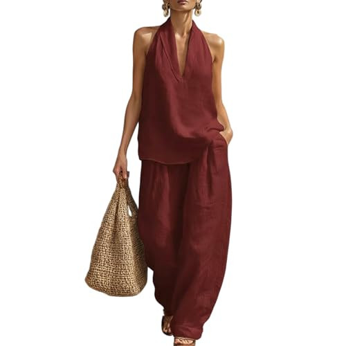 Womens Linen Sets 2 Piece Outfits V Neck Halter Top High Waist Wide Leg Pant Summer Lounge Set Vacation Fashion Outfits | Amazon (US)