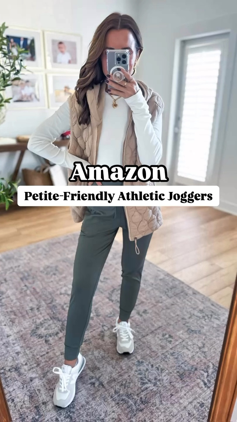 Petite-friendly joggers in XS, sage green. Neutral vest in small and fleece-lined bodysuit in XS. New Balance 574 are TTS and so comfortable! Travel outfit. Casual outfit. Disney outfit.

#LTKGiftGuide #LTKShoeCrush #LTKTravel