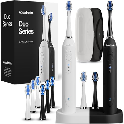 Aquasonic Duo - Dual Handle Ultra Whitening 40,000 VPM Wireless Charging Electric ToothBrushes - 3 Modes with Smart Timers - 10 Dupont Brush Heads & 2 Travel Cases Included | Amazon (US)