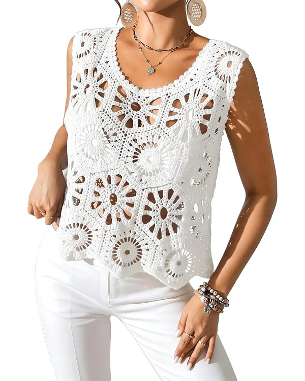miduo Womens Boho Hollow Out Loose Knit Crochet Top Scoop Tank Tops Sleeveless Cami Shirts Beachw... | Amazon (US)