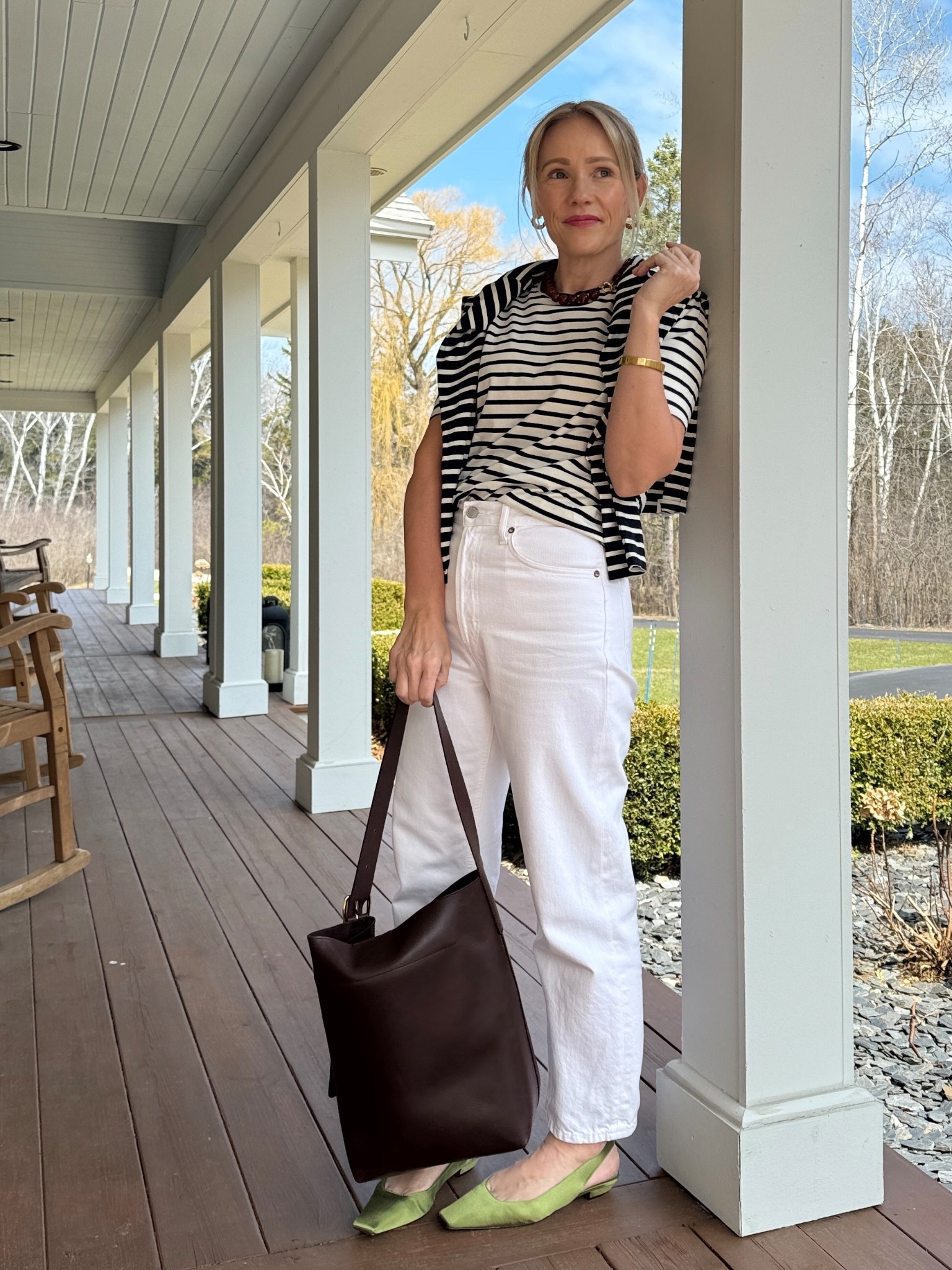  favorite Agolde 90's jeans - loose fit, I'm wearing my regular size but go down one if you prefer a closer fit  

Merit Lip color in Sunday 

Slingback flats are true to size and walk out of the box comfortable

Kule tees have a generous fit (not oversized) - I wear my regular size small (also own the yellow for Spring!) 

Madewell bag available in more colors and sizes. 

Sezane goes with everything beaded necklace. 

xo, Claire

#LTKOver40 #LTKSeasonal #LTKStyleTip