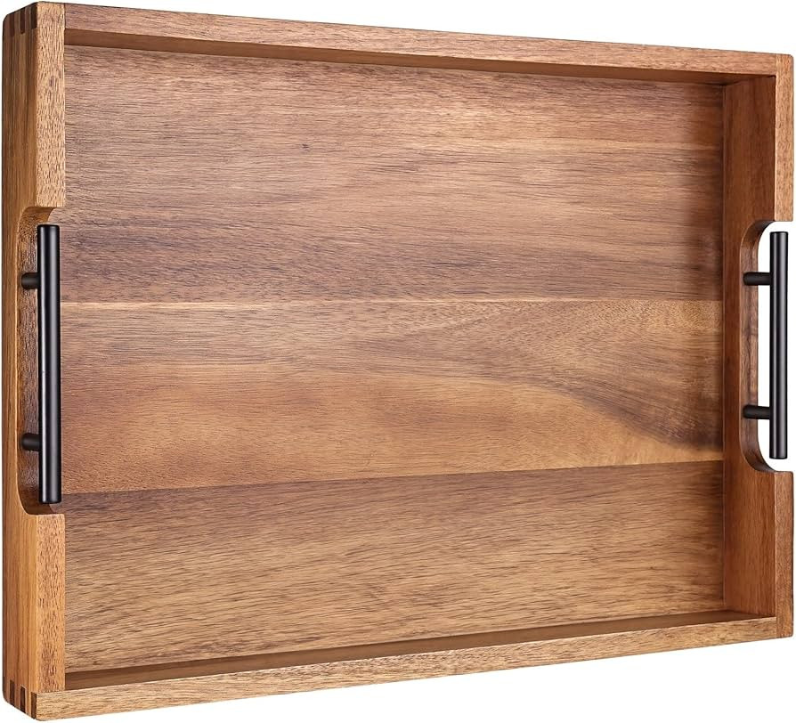 Joy&Grace Acacia Wooden Serving Tray with Metal Handles 16.8 x 12.8 inch Ottoman Tray for Living ... | Amazon (US)