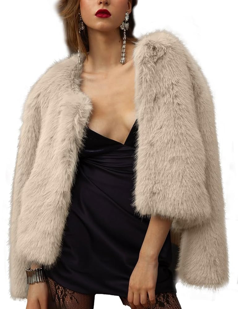 Shiyifa Women's Faux Fur Coat Long Sleeve Fleece Cropped Jacket Open Front Shaggy Warm Short Fall... | Amazon (US)
