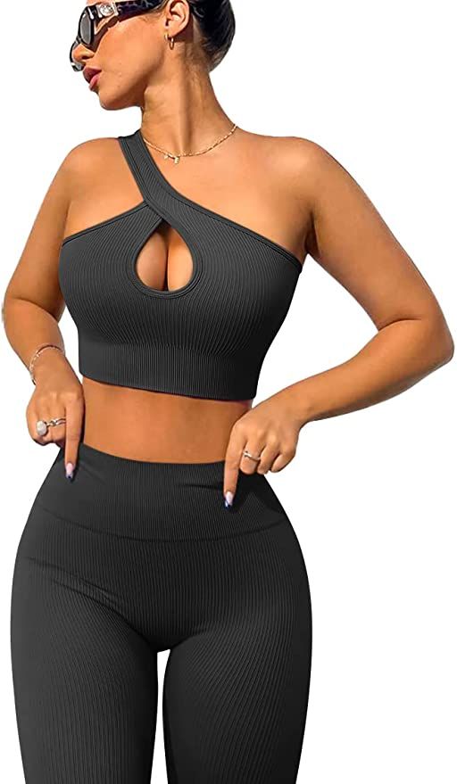 OQQ Women's 2 Piece Workout Outfits Ribbed Seamless High Waist Leggings with One Shoulder Crop To... | Amazon (US)