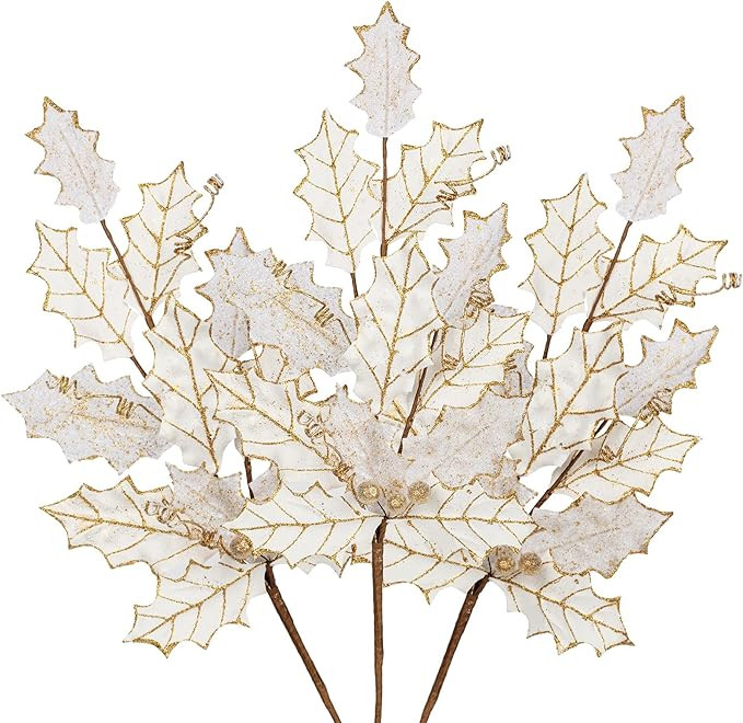 DILATATA 3 Pcs Christmas Glitter Leaves Holly Picks 25 Inch Artificial Tropical Leaf Sparkling Fa... | Amazon (US)