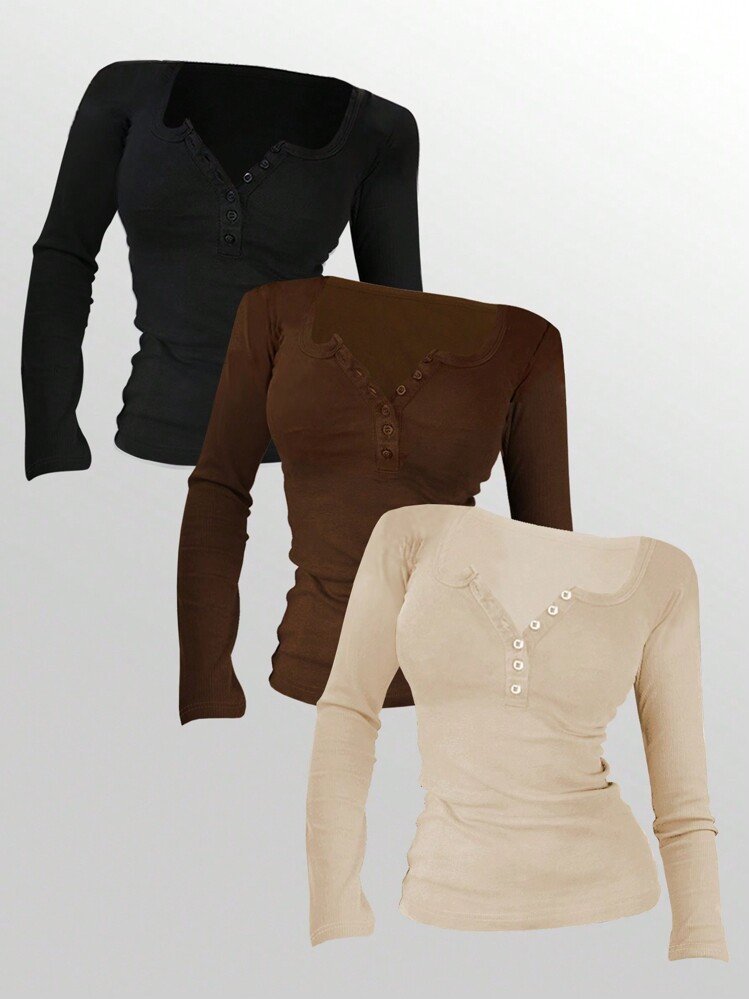 INAWLY Women's Solid Color Button Placket Long Sleeve Casual T-Shirt, Autumn Fall Cloth For Women | SHEIN