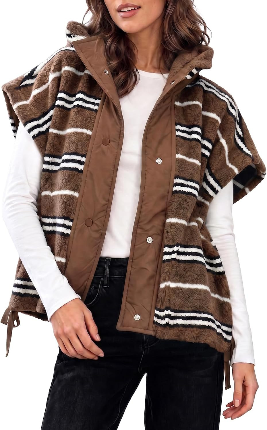 Fisoew Womens Fuzzy Fleece Vest Casual Striped Sleeveless Sherpa Jackets | Amazon (US)