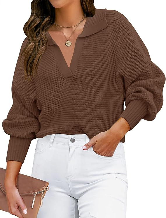 ZESICA Women's 2024 Fall Lapel Collar V Neck Long Sleeve Ribbed Knit Comfy Loose Casual Pullover ... | Amazon (US)