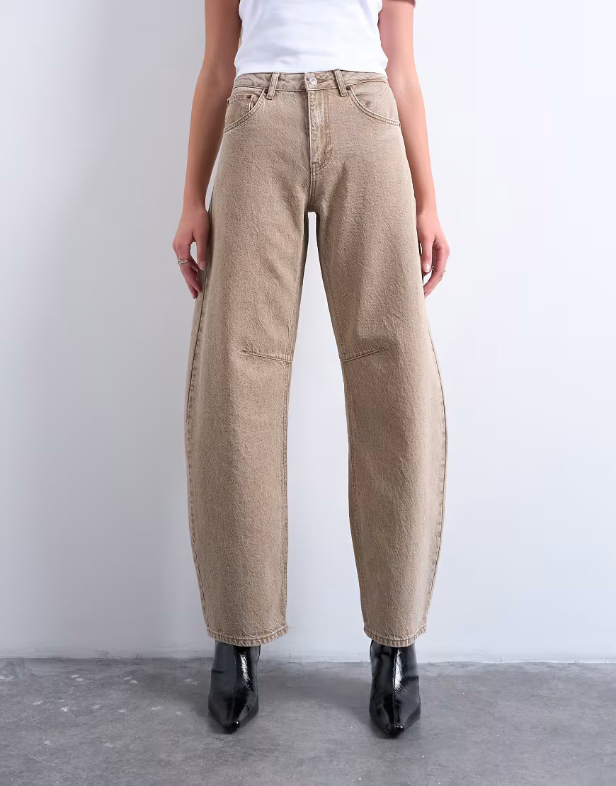 Topshop Barrel high rise jeans in washed beige-Brown | ASOS (Global)