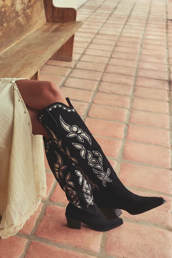 Della Black Suede Knee-High Western Boots | Lulus