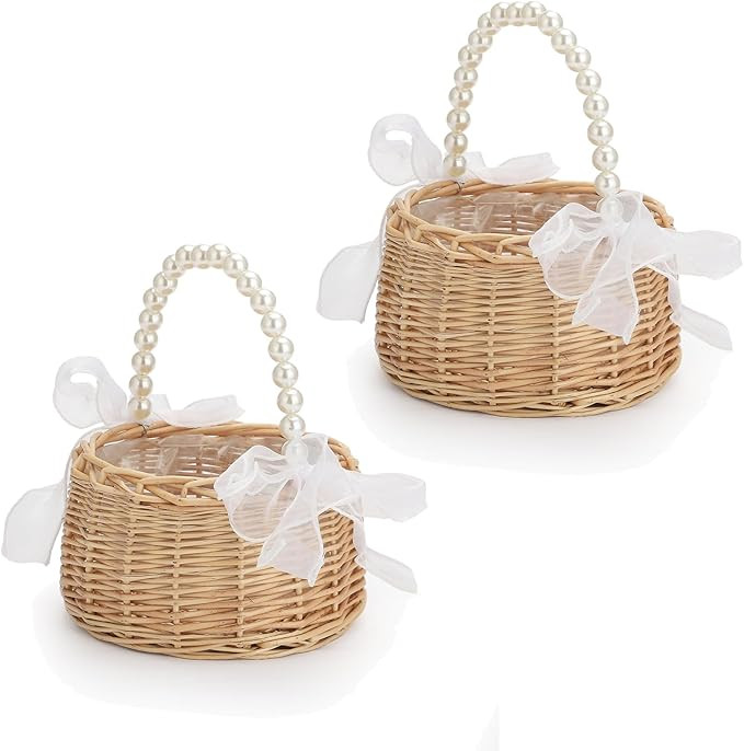2 PCS Wicker Rattan Flower Girl Basket Wedding Flower Girl Basket with Pearl Handle and Bow Fairy... | Amazon (US)