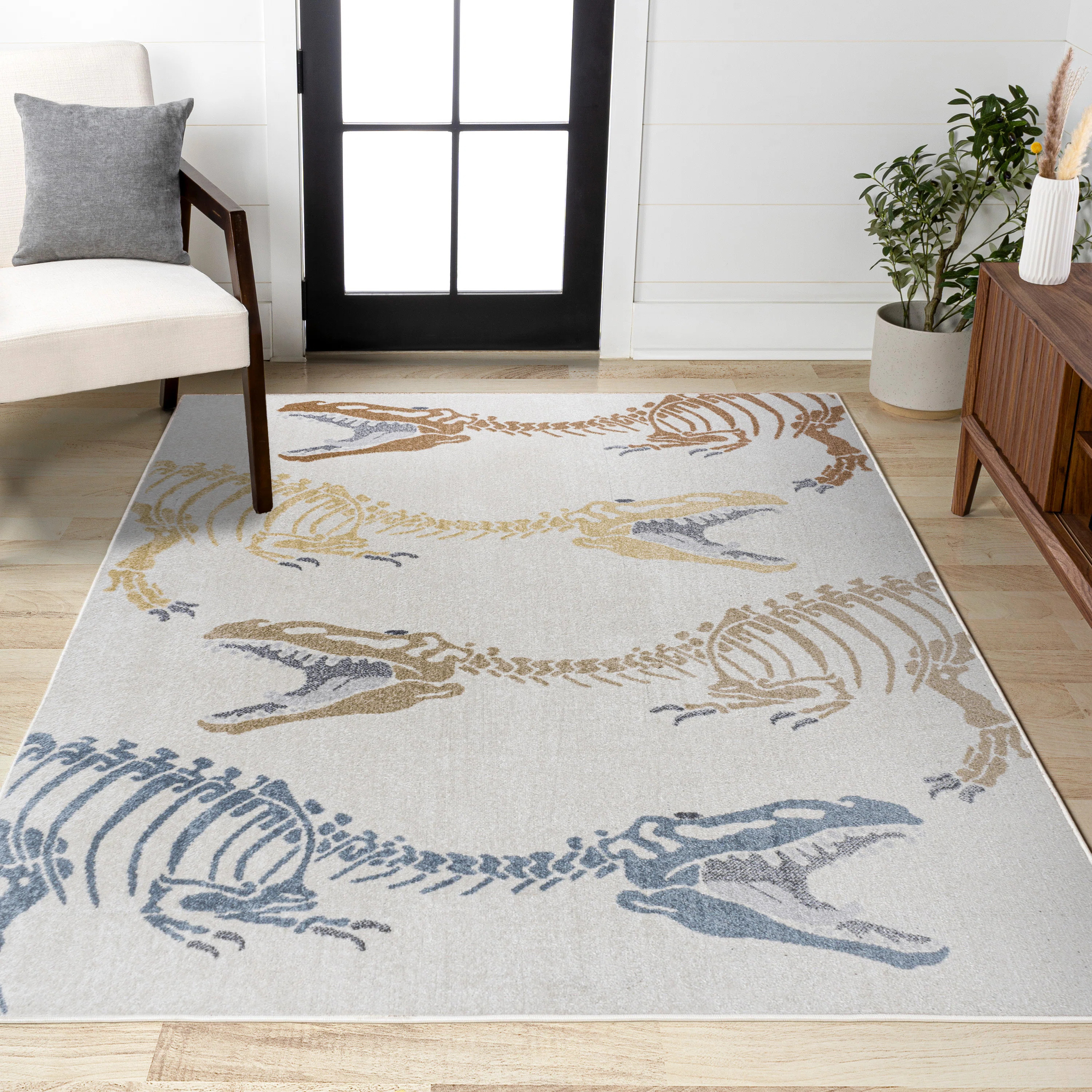 Kingdarr T-Rex Modern Kids Machine-Washable Cream/Multi Rug | Wayfair North America