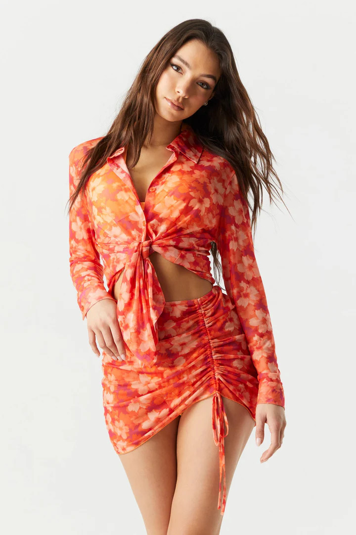 Floral Print Mesh Ruched Skirt | Urban Planet