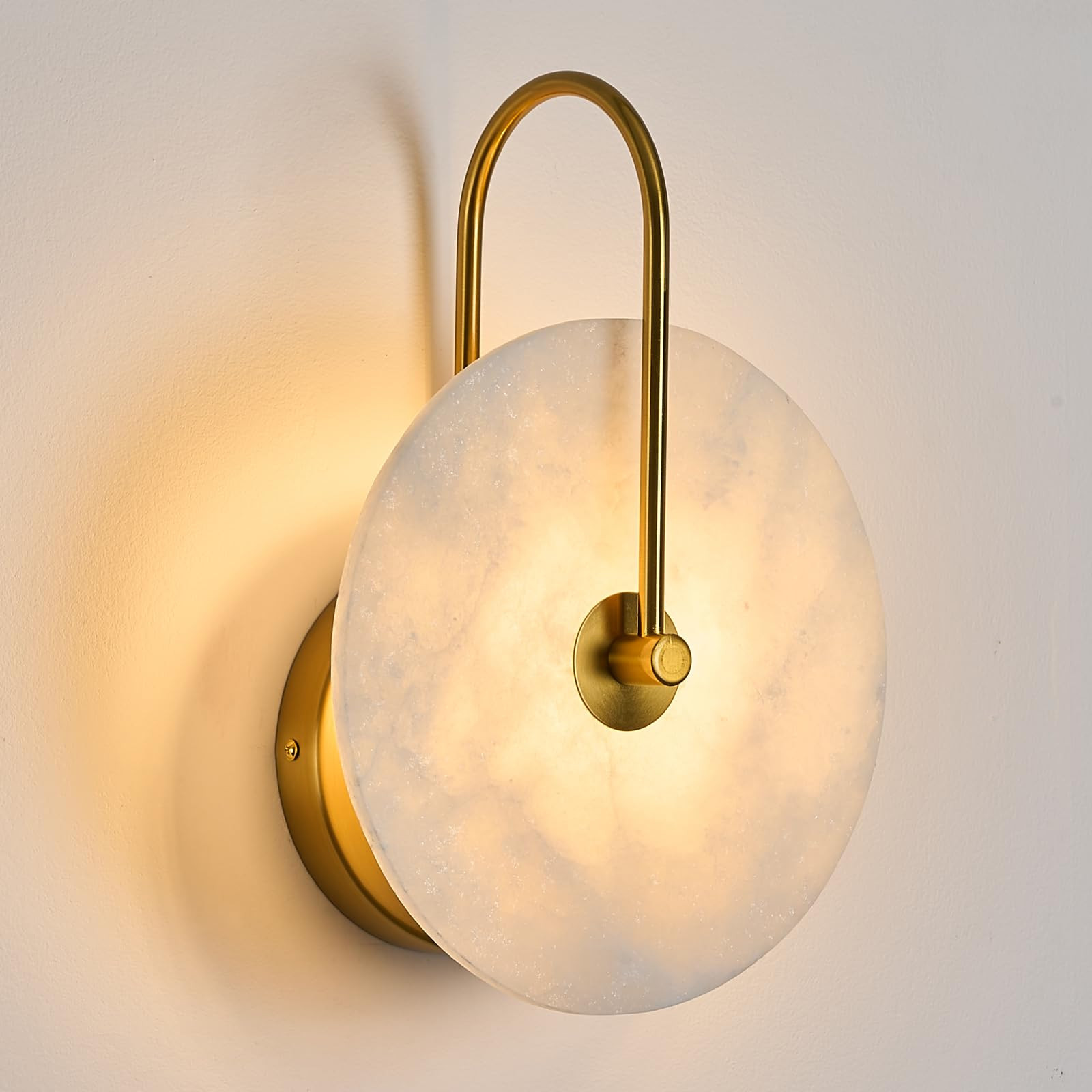 Round Alabaster Wall Sconce, Natural Marble Lampshade Wall Sconce, Hardwired Circular Sconce LED Modern Wall Lamp for Bedroom, Stairs, Living Room, Bedside, Hallway 9.84 Inch Gold | Amazon (US)
