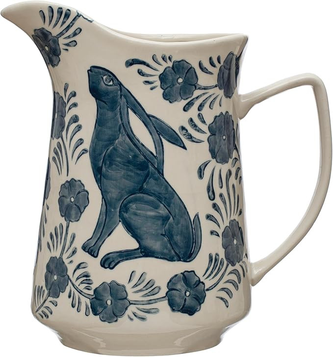 Creative Co-Op Stoneware Pitcher with Painted Rabbit and Florals, Blue and Cream | Amazon (US)
