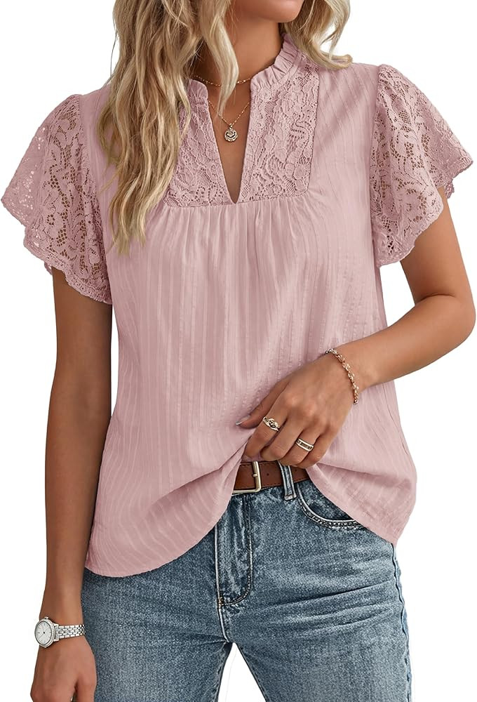 GRACE KARIN Womens Lace Short Sleeve Tops Summer Dressy Casual Cotton Blouses Flowy V Neck Dress ... | Amazon (US)
