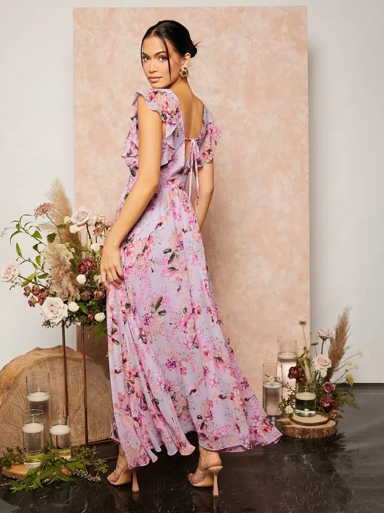 SHEIN Belle Floral Print Tie Back Ruffle Trim V-Neck Chiffon Bridesmaid Dress Elegant Dress | SHEIN