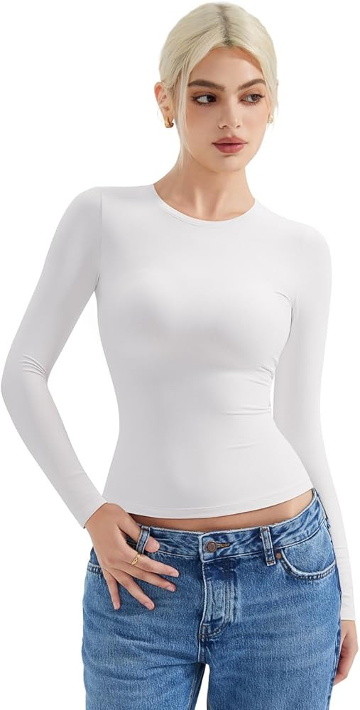 SUUKSESS Women Double Lined Fitted Basic T Shirts Crew Neck Long Sleeve Crop Top | Amazon (US)