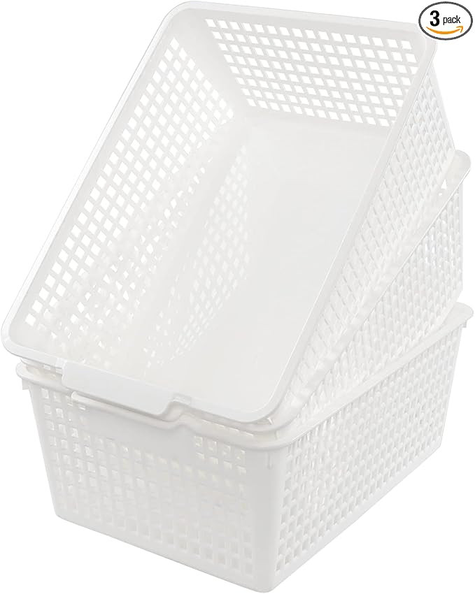 3 Packs Large Organizer Baskets Bins, Plastic Storage Basket (White) | Amazon (US)
