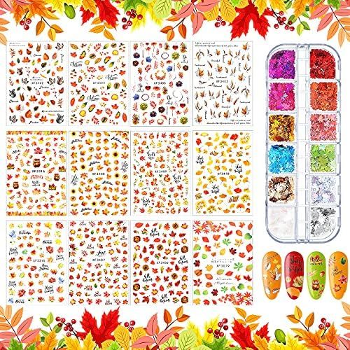 24 Sheets Autumn Fall Nail Stickers with 12 Grids Maple Nail Fall Glitters Thanksgiving Theme Nai... | Amazon (US)