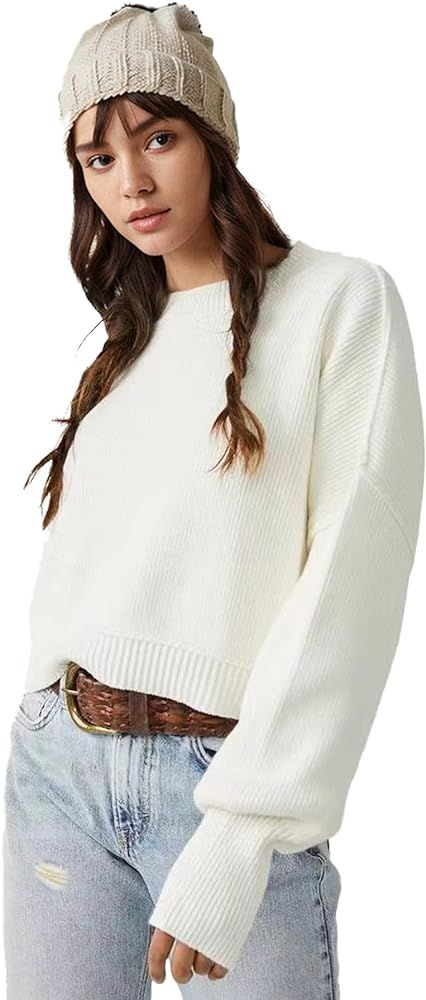 Yioaga Womens Crew Neck Crop Sweater Ribbed Knit Oversized Top Easy Street Pullover Long Sleeve Dropped Shoulders Clothe | Amazon (US)
