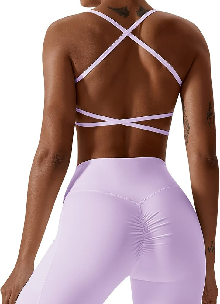 ABOCIW Women Workout 2 Piece Outfits Scoop Neck Cross Back Sport Bra Crossover High Waist Legging... | Amazon (US)