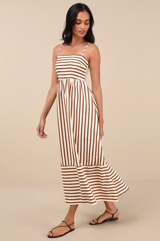 Exceptionally Pristine Brown and Cream Striped Cutout Midi Dress | Lulus