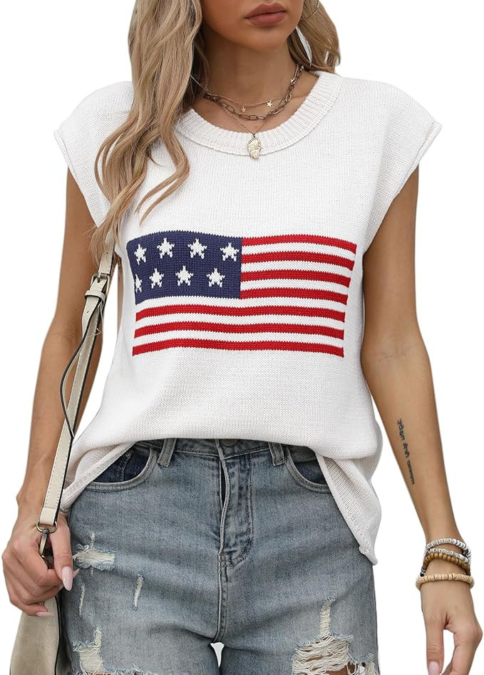 Womens American Flag Cap Sleeve Sweater Vest - Casual Crewneck US Flag Knitted Pullover Tank Tops... | Amazon (US)