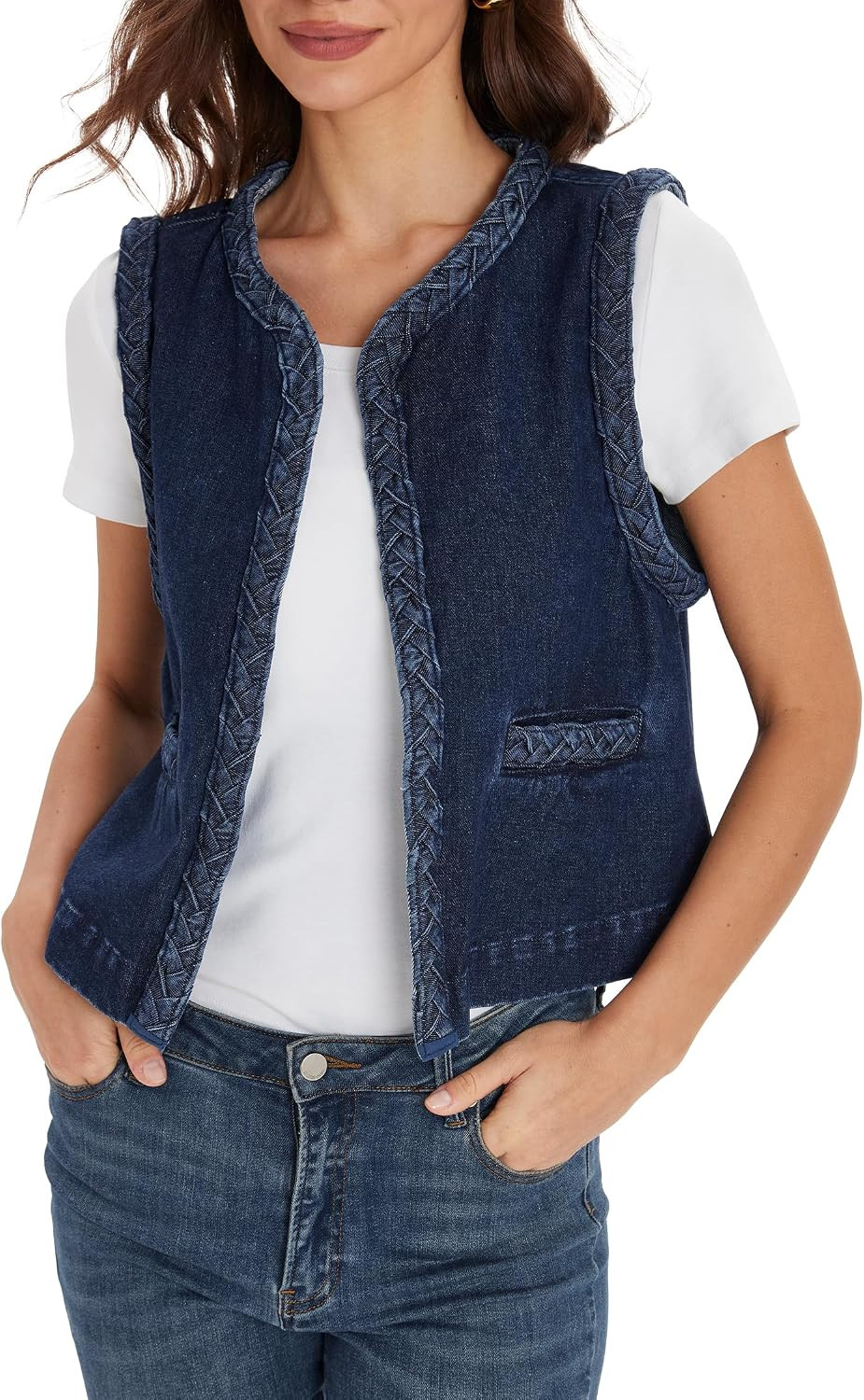 Women Sleeveless Denim Vest Casual Crew Neck Open Front Tweed Denim Tank Top Fashion Jean Waistcoat | Amazon (US)