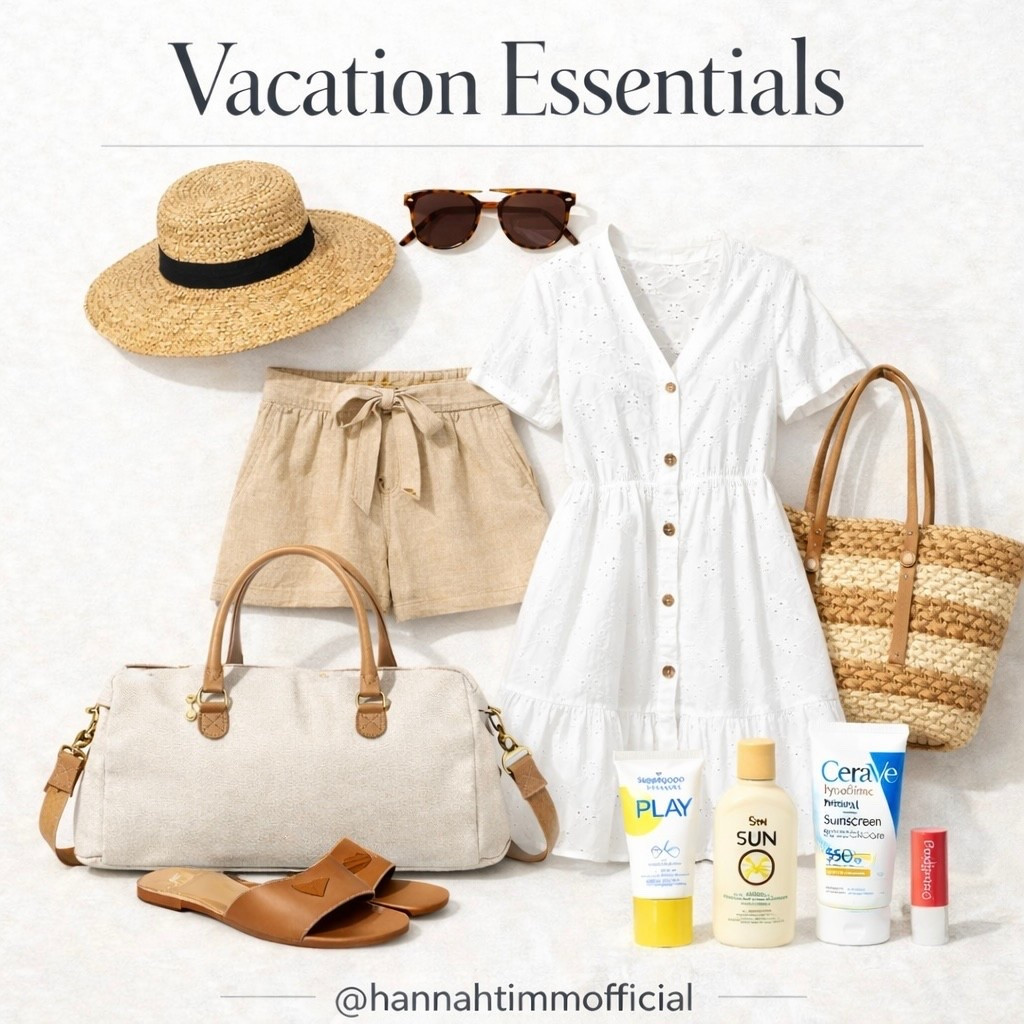 Vacation packing, edited down. 

Pieces that work from morning coffee to sunset plans.

#summer #vacation 
