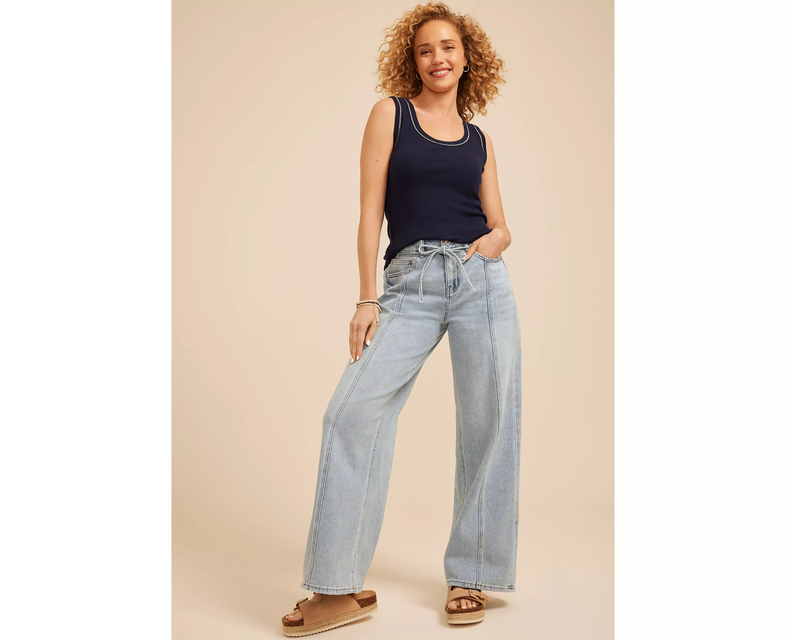 High Rise Tie Waist Seamed Wide Leg Jeans | maurices | Maurices