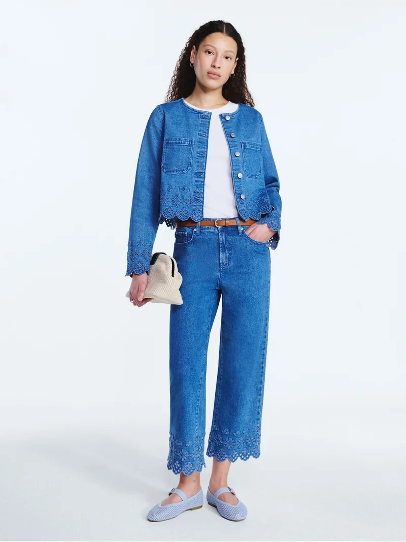 Free Assembly Women's and Women's Plus Embroidered Eyelet Denim Jacket, Sizes XS-4X | Walmart (US)