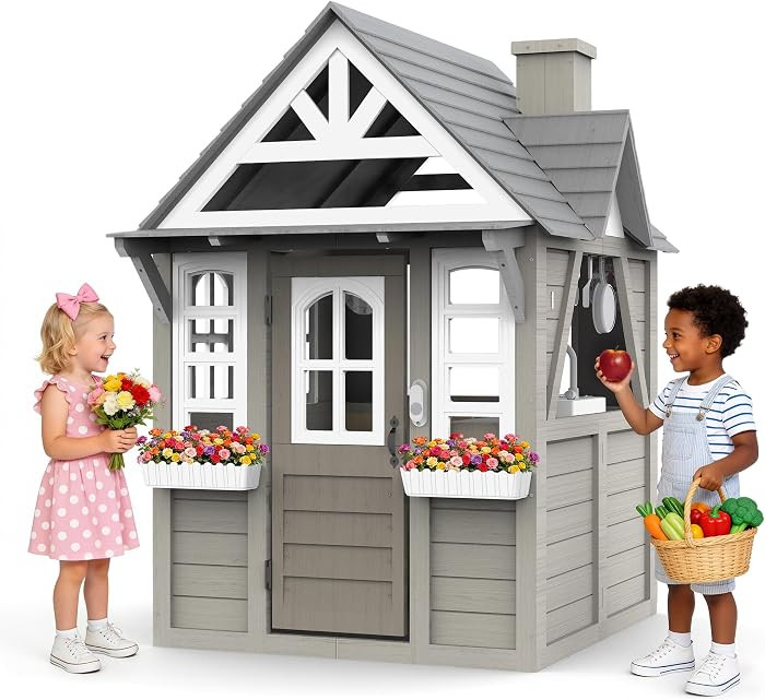 Kids Outdoor Cedar Playhouse, Weather-Resistant Gray Wooden Play House for Ages 3–8 with Play Kitchen, Working Doorbell, Toy Phone & Flowerpots — Durable Backyard Gift for Creative & Social Play | Amazon (US)