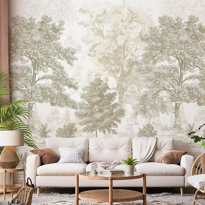 Vintage Forest Wall Mural Peel and Stick 148" W x 98" H Beige Tree Wallpaper Self-Adhesive Large ... | Amazon (US)