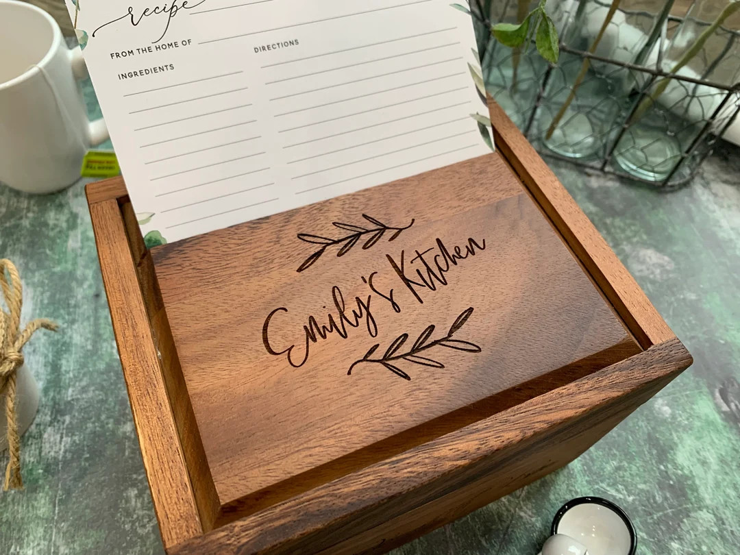 Personalized Recipe Box, Acacia Wooden Recipe Box: Custom Recipe Box With Dividers (10 Card Stock... | Etsy (US)