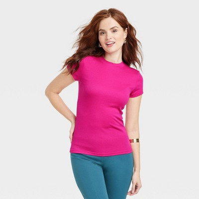 Women's Slim Fit Short Sleeve Ribbed T-Shirt - A New Day™ Hot Pink XS | Target
