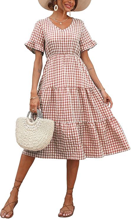 dowerme Women Casual Summer Plaid Beach Dress Ruffle Short Sleeve V-Neck A-Line Loose Flowy Gingh... | Amazon (US)