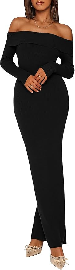 PRETTYGARDEN Women's 2025 Fall Sweater Dress Long Sleeve Off Shoulder Slit Maxi Bodycon Cocktail ... | Amazon (US)