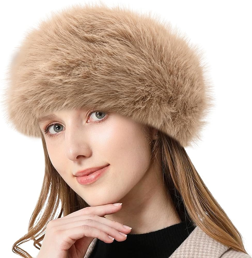 Peicees Faux Fur Headband, Womens Thermal Elastic Hairband Ear Warmer Furry Fleece Russian Hat fo... | Amazon (US)