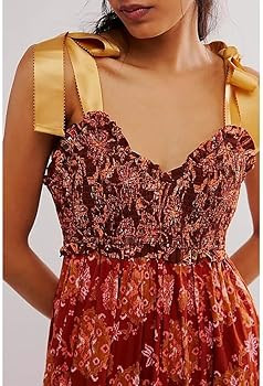 ABYOVRT Women Floral Maxi Dress Tie Shoulder Patchwork Smocked Flowy Boho Dress with Pockets Summ... | Amazon (US)