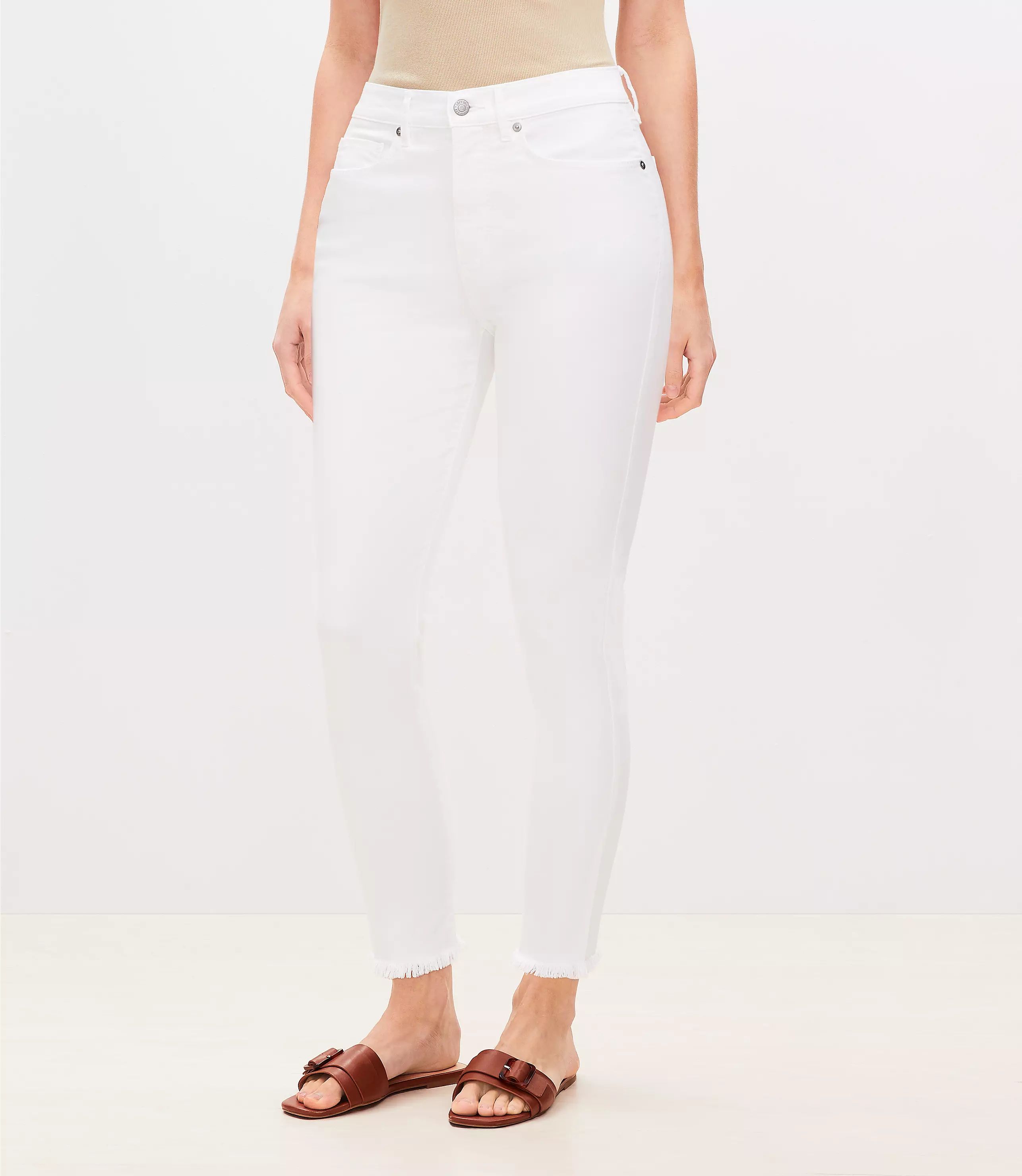 Curvy High Rise Frayed Skinny Jeans in White | LOFT