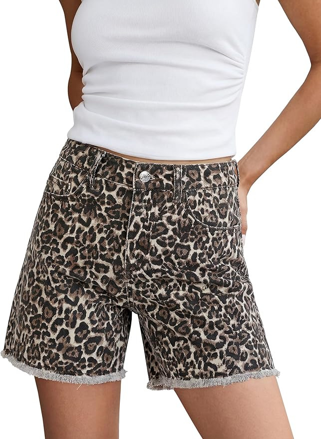 luvamia Jean Shorts for Women Trendy High Rise Mid Thigh Cheetah Leopard Print Raw Hem Stretch De... | Amazon (US)