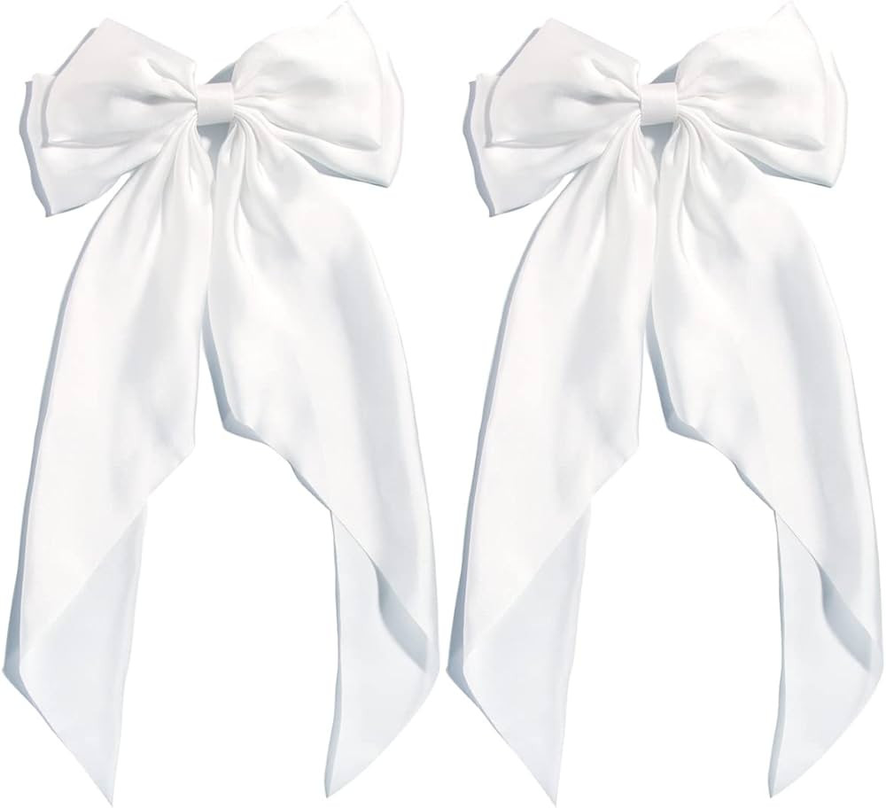 Satin Bows Hair Clip Barrettes for Women,2pcs Big White Bows Long Tail,Hair Ribbons Large Silky B... | Amazon (US)