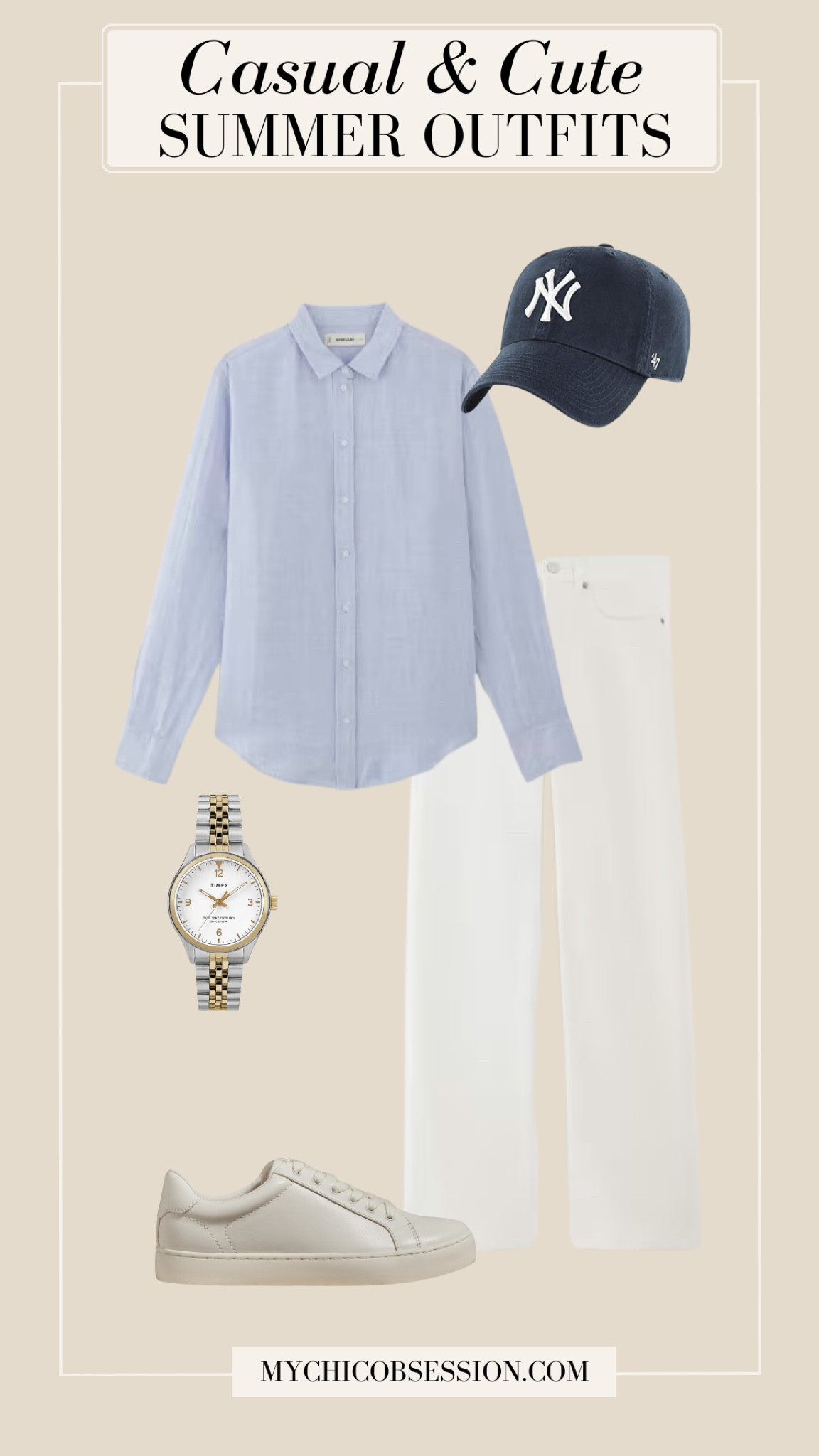 This summer outfit is the perfect balance of cute and casual. Start with a pair of white denim jeans. Next, add a classic button down shirt in light blue. Accessorize with a navy baseball cap, a mixed metal watch, and white sneakers.

#LTKstyletip #LTKSeasonal
