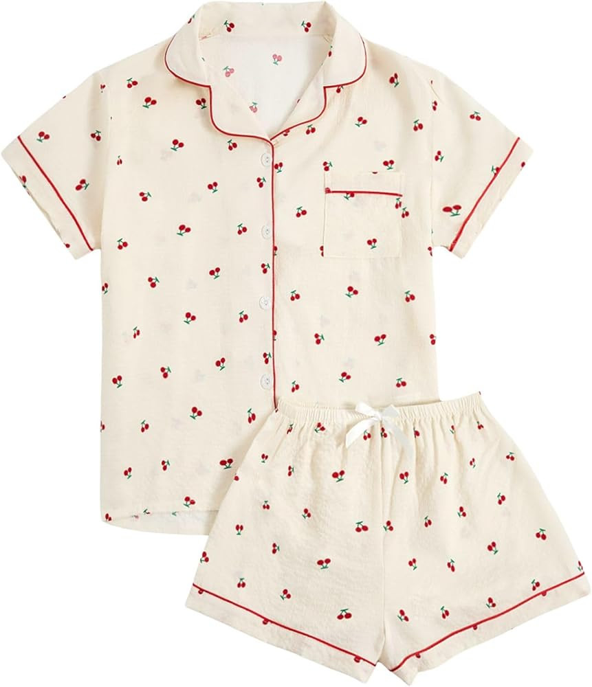 Verdusa Women's 2 Piece Pajama Set Matching Pjs Sets Cute Printed Sleepwear Button Up Shirt with ... | Amazon (US)