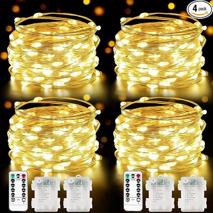 4 Pack 100 LED Fairy Lights Battery Operated with Remote, 33FT Waterproof Twinkle Lights with Tim... | Amazon (US)