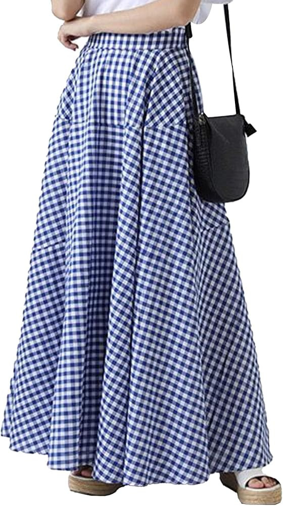 SOMTHRON Women's Retro Plaid Maxi Skirt A Line Pleated Flared Elastic High Waisted Gingham Summer... | Amazon (US)