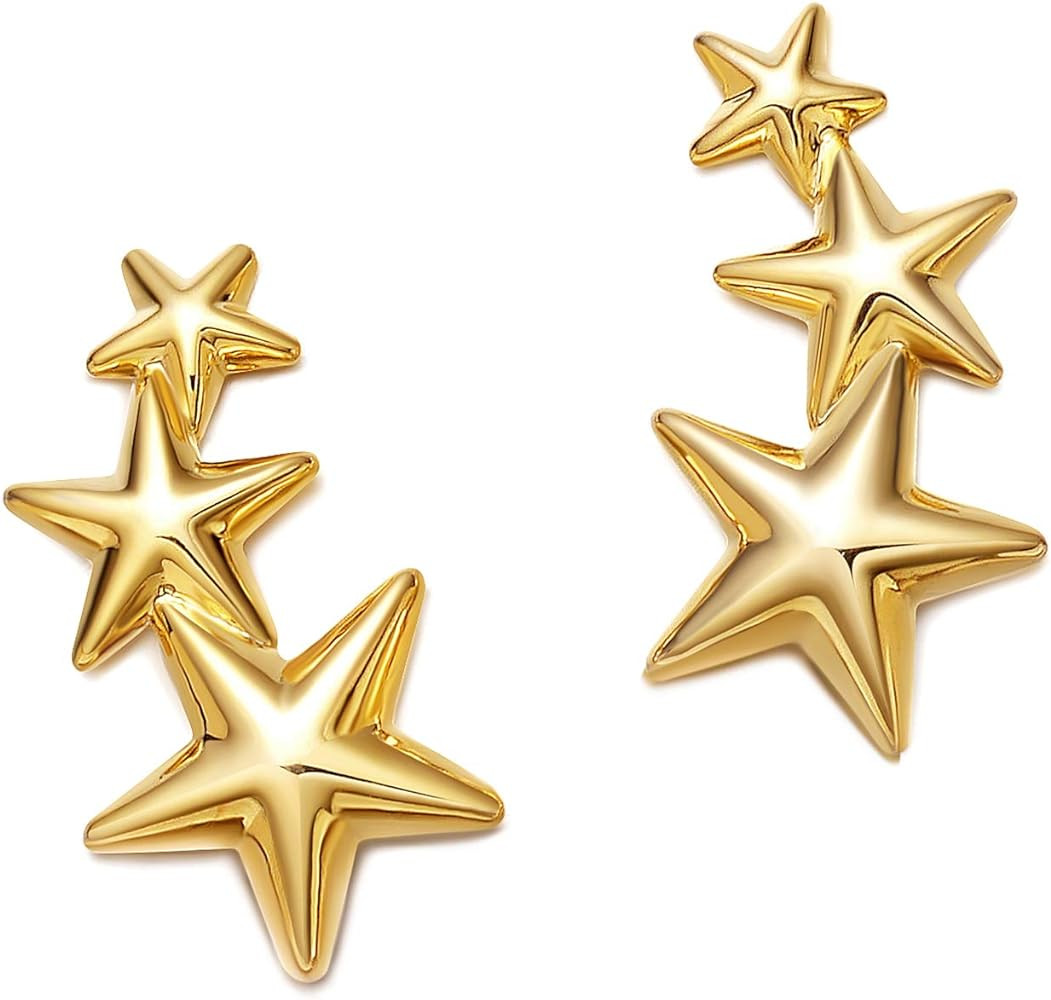 Gold Star and Sunburst Stud Earrings - AllenCOCO Ear Climbers Earrings for Women, 14K Gold Plated... | Amazon (US)
