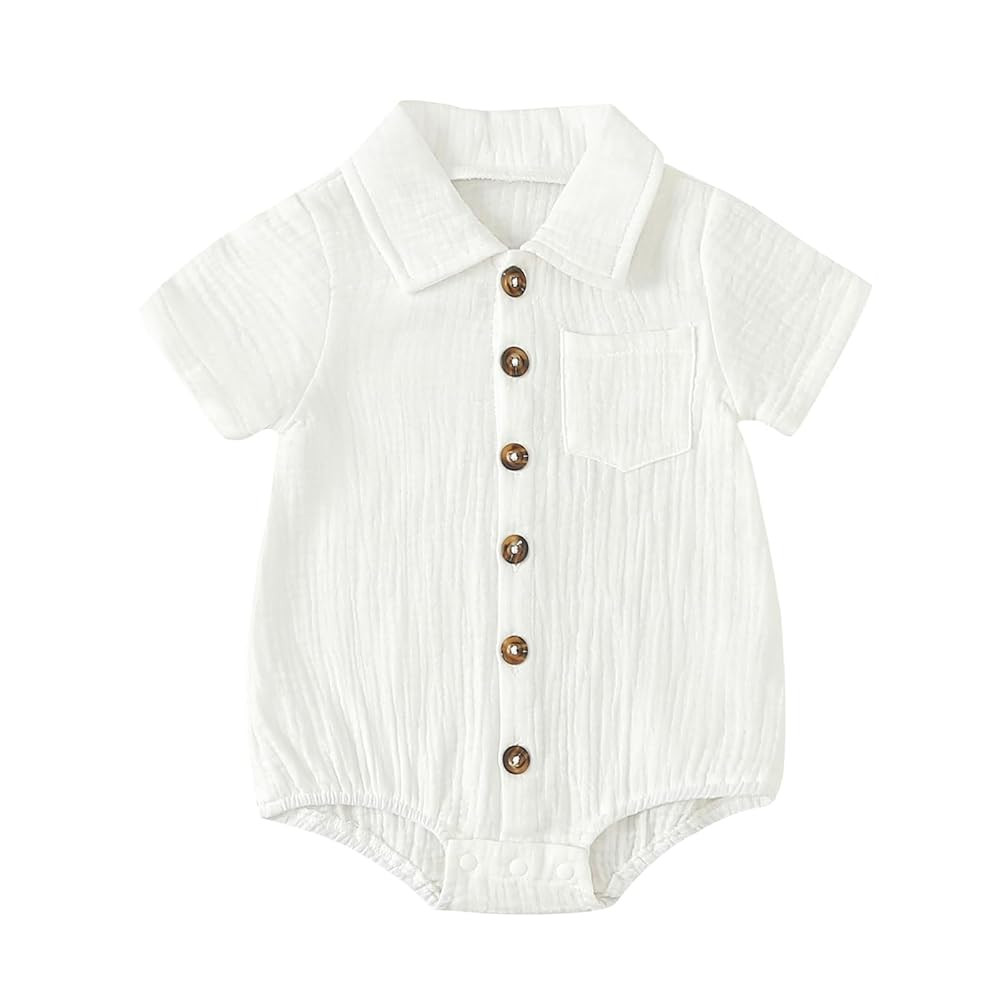 Baby Girl Boy Button Down Shirt Newborn Solid Color Short Sleeve Collared Romper Infant Summer Fo... | Amazon (US)