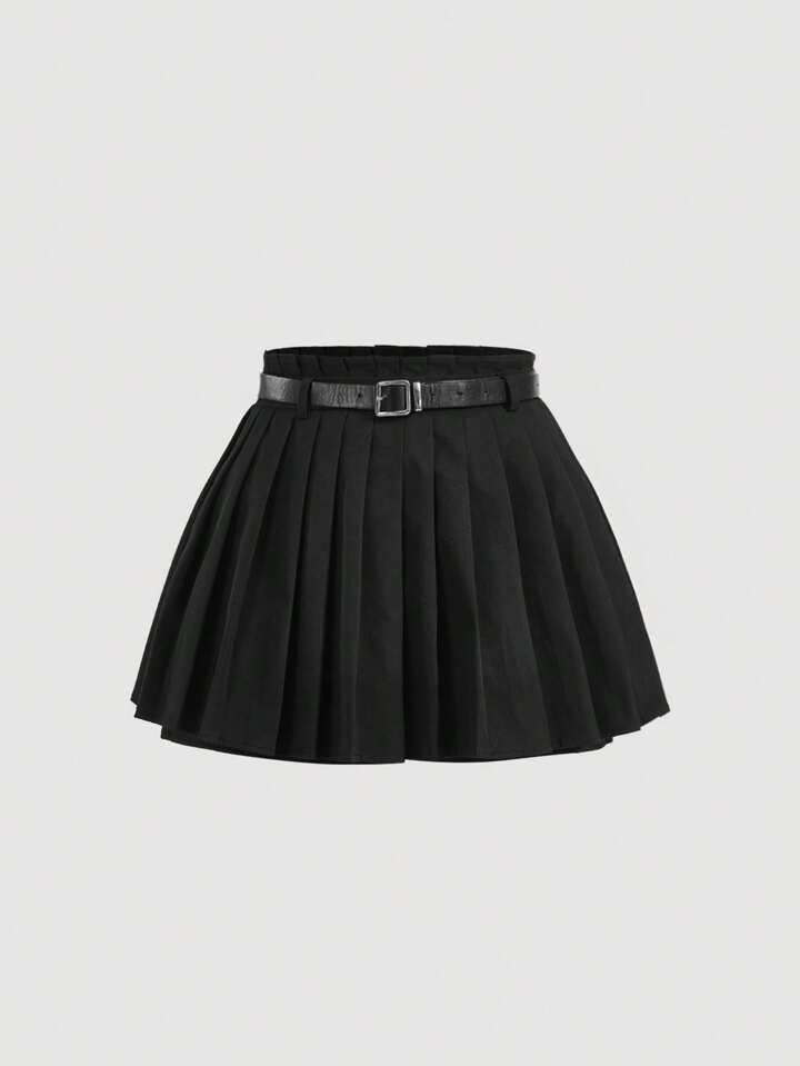 SHEIN MOD Solid Paperbag Waist Pleated Belted Skort | SHEIN